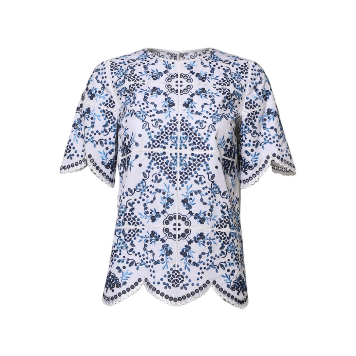 Dolce & Gabbana Blue Lace Eyelet Crew Neck Blouse Top