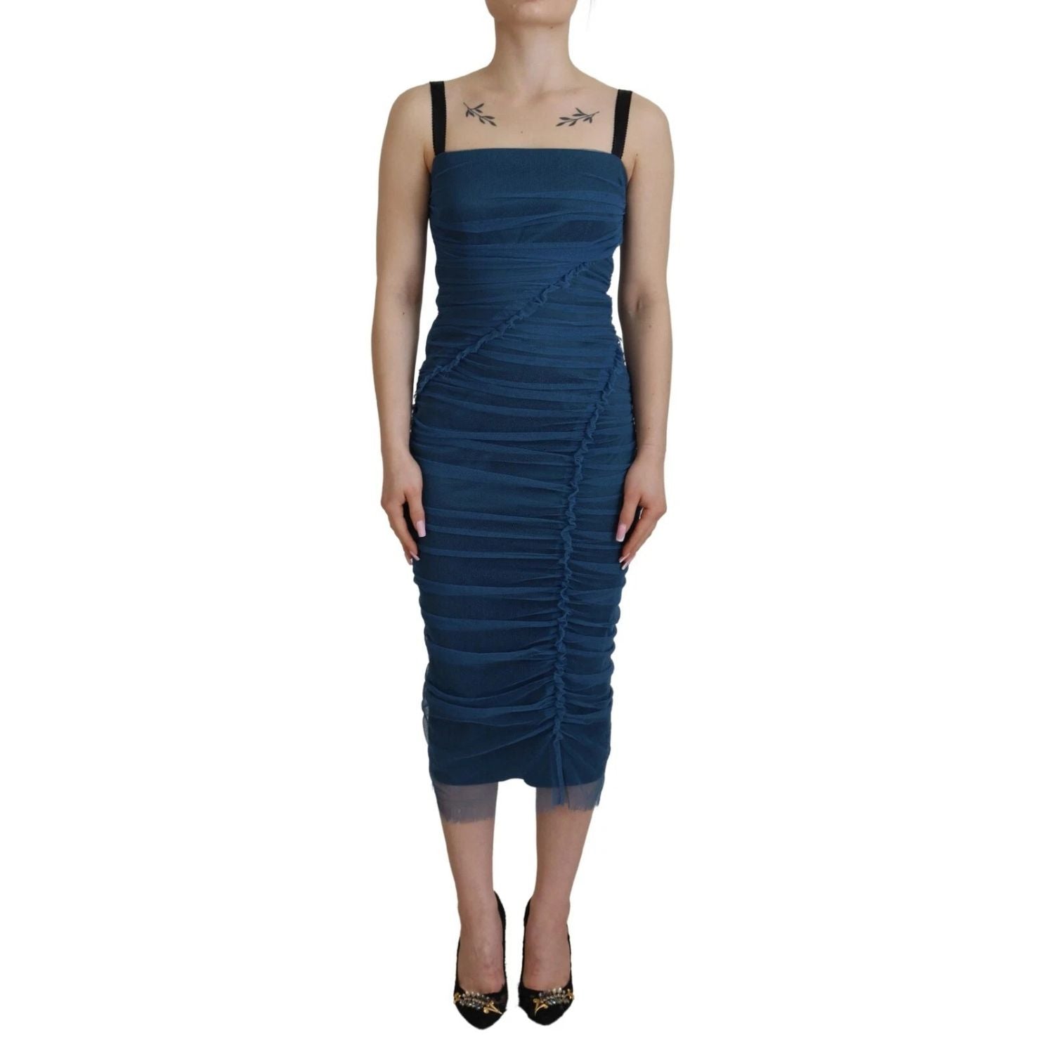 Dolce & Gabbana Blue Mesh Trim Ruched Tulle Sheath Dress