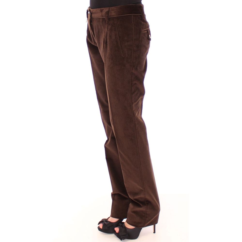Dolce & Gabbana Brown Cotton Casual Pants, elegant design, zipper closure, luxury logo detail, front and back pockets.