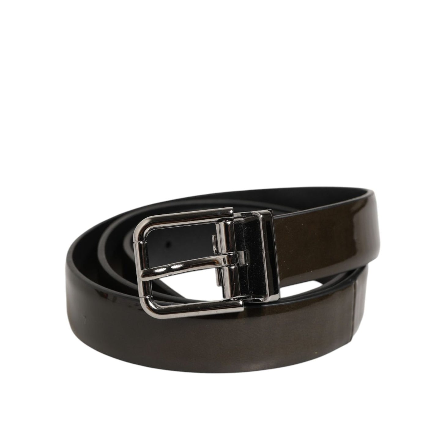 Dolce & Gabbana Brown Glossy Leather Classic Metal Buckle Belt with silver-tone buckle, showcasing Italian craftsmanship.