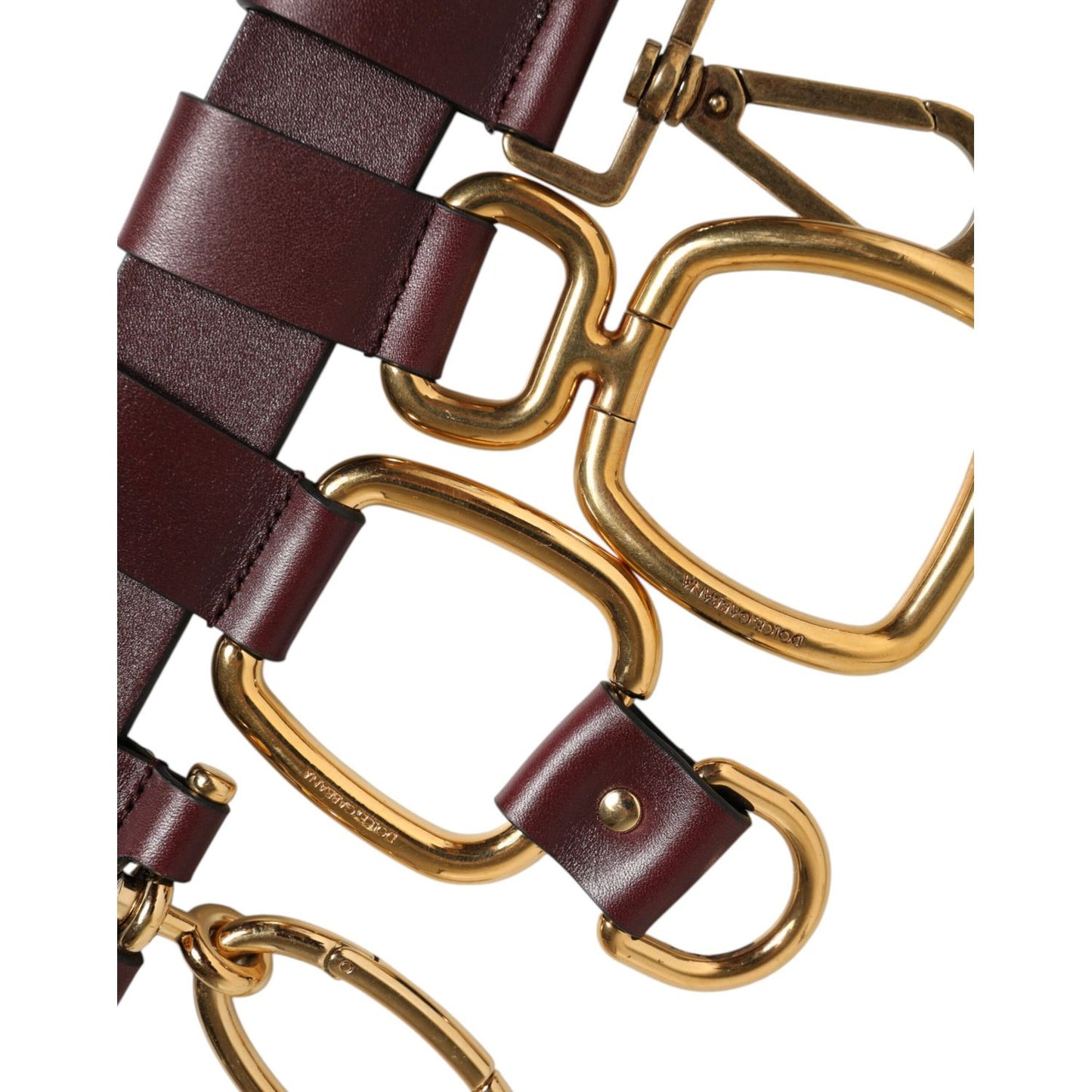 Detail of Dolce & Gabbana Brown Key Ring Clip Attachments Buckle Belt with gold-tone hardware and functional clips.