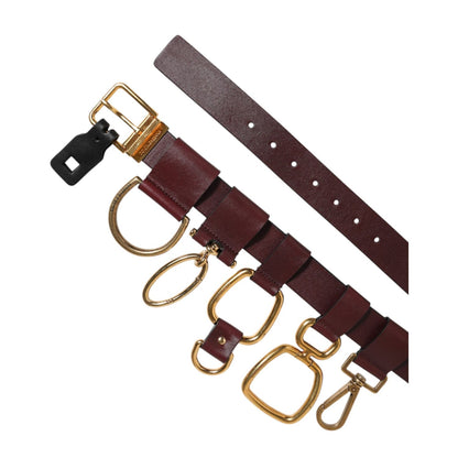 Dolce & Gabbana Brown Key Ring Clip Attachments Buckle Belt with gold-tone hardware and utility design.
