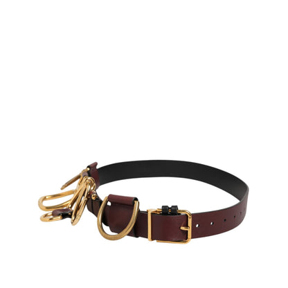 Dolce & Gabbana Brown Key Ring Clip Attachments Buckle Belt with gold-tone hardware on white background.