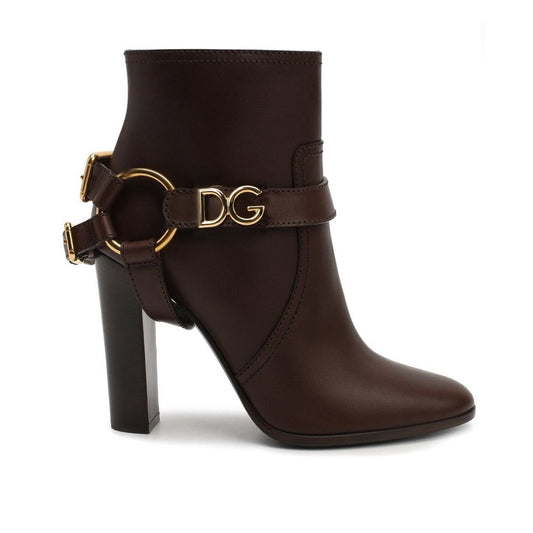 Dolce & Gabbana Brown Leather Ankle Boots with zip fastening and gold accents, made in Italy, featuring an 11 cm heel.