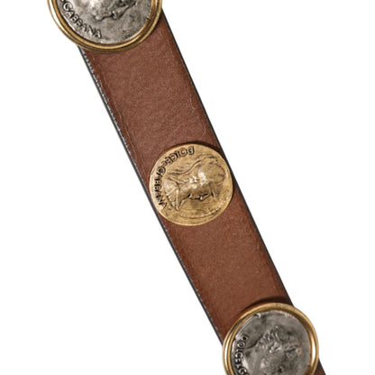 Dolce & Gabbana Brown Leather Gold Silver Coin Buckle Belt with classical motifs on rich brown leather