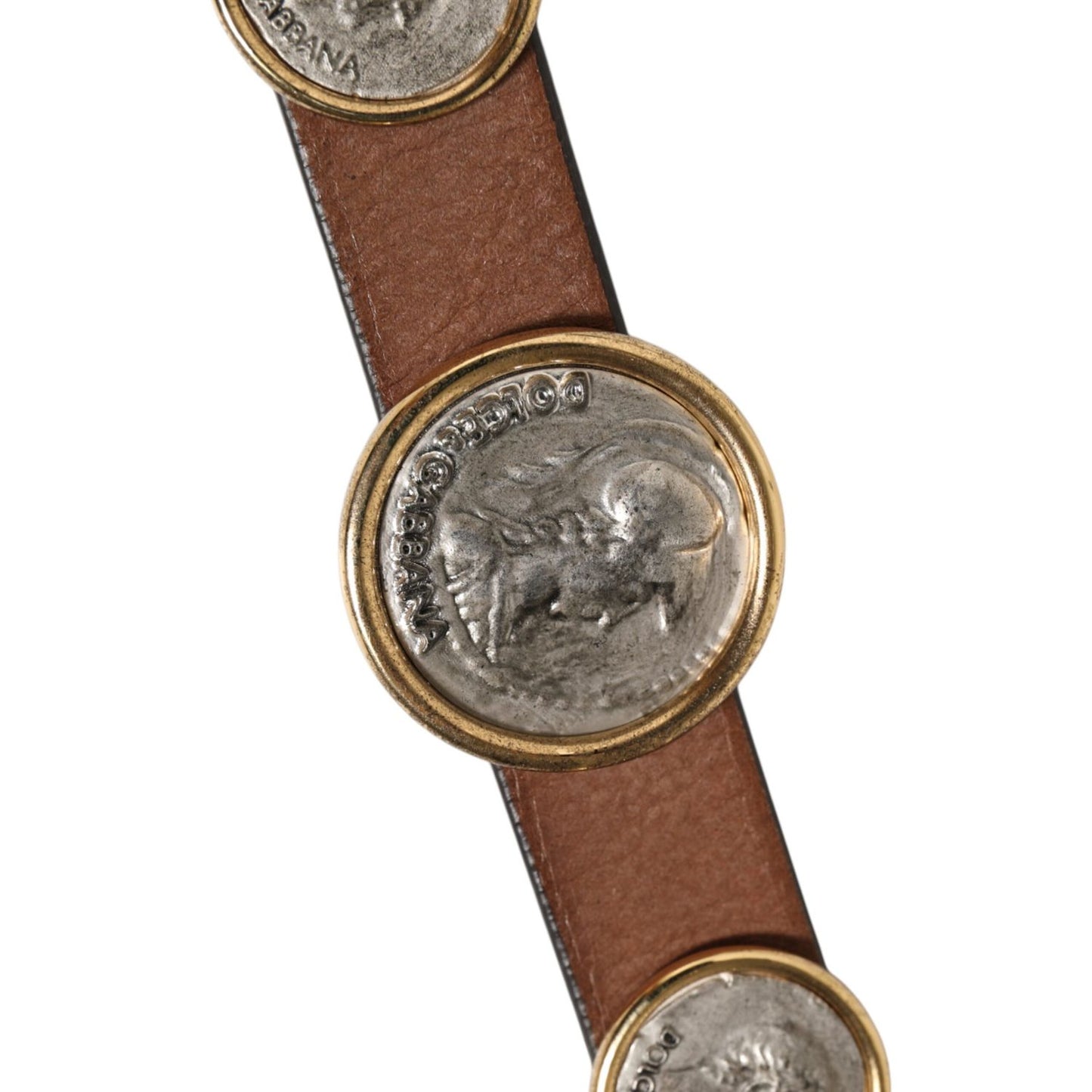 Close-up of Dolce & Gabbana Brown Leather Gold Silver Coin Buckle Belt with vintage coin medallions and luxurious detailing.