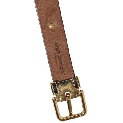 Dolce & Gabbana Brown Leather Gold Silver Coin Buckle Belt with gold buckle detail.