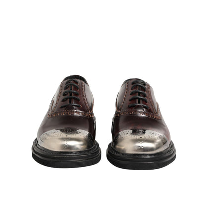 Dolce & Gabbana Brown Leather Lace Up Dress Men Oxford Shoes with metallic toe caps, front view showcasing elegant design.