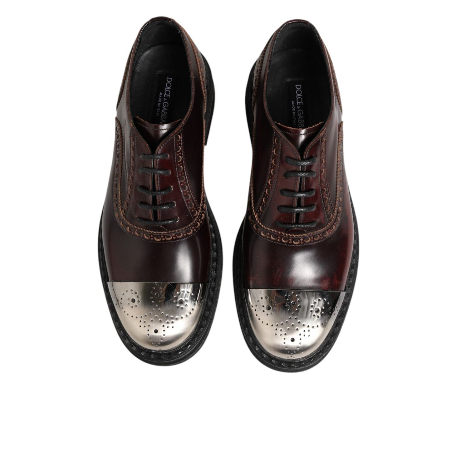 Dolce & Gabbana Brown Leather Lace Up Dress Men Oxford Shoes top view with polished finish and classic design.