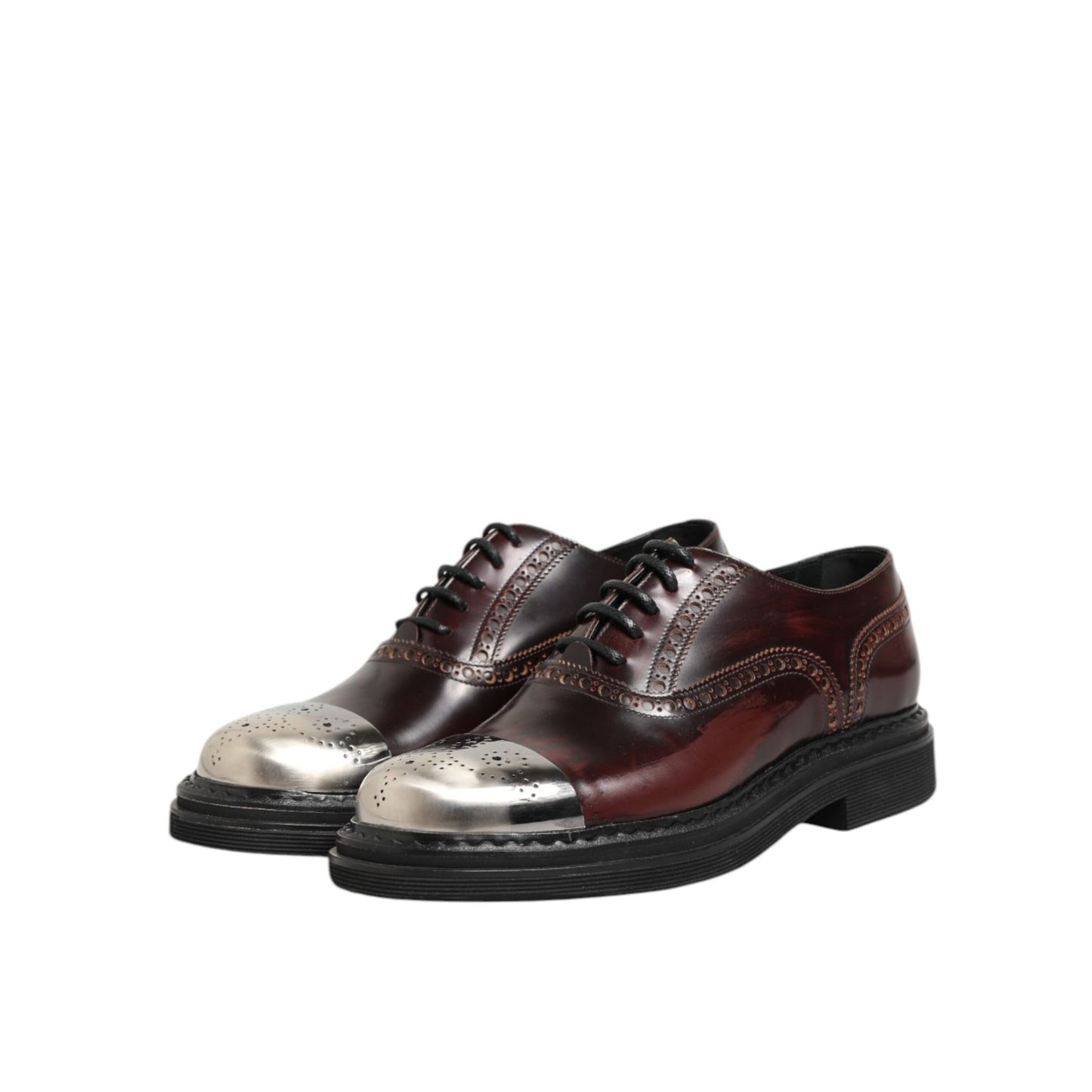 Dolce & Gabbana Brown Leather Lace Up Dress Men Oxford Shoes with metallic toe detail, perfect for formal occasions.