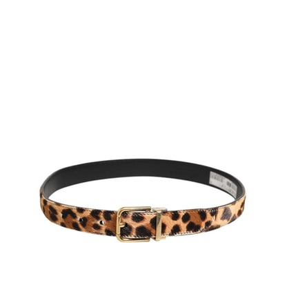 Dolce & Gabbana Brown Leather Leopard Print Metal Buckle Belt with bronze-tone buckle, luxury fashion accessory for men