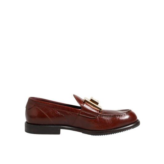Dolce & Gabbana Brown Leather Logo Slip On Men Dress Shoes featuring smooth leather and signature logo detail.