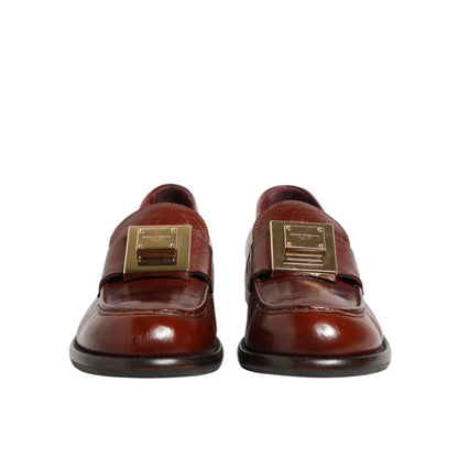 Dolce & Gabbana Brown Leather Logo Slip On Men Dress Shoes front view showcasing sleek design and signature logo detail.