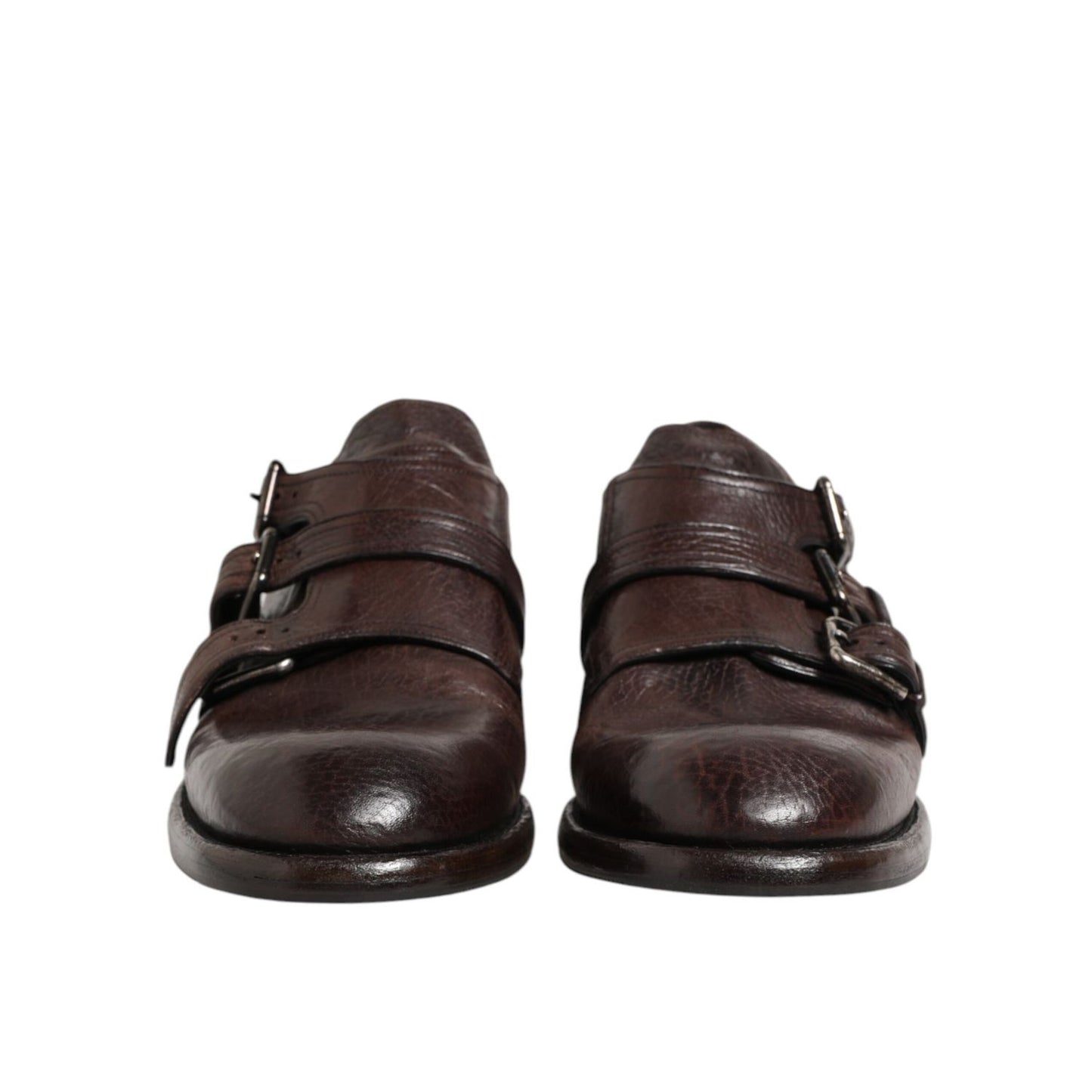 Dolce & Gabbana Brown Leather Monk Strap Formal Derby Shoes with polished finish, front view.