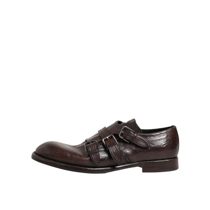 Dolce & Gabbana Brown Leather Monk Strap Formal Derby Shoes with polished finish and sleek design.