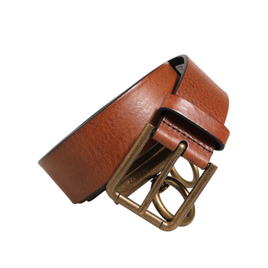 Dolce & Gabbana Brown Leather Side Rings Brass Buckle Belt with gold-tone buckle and distinctive design.