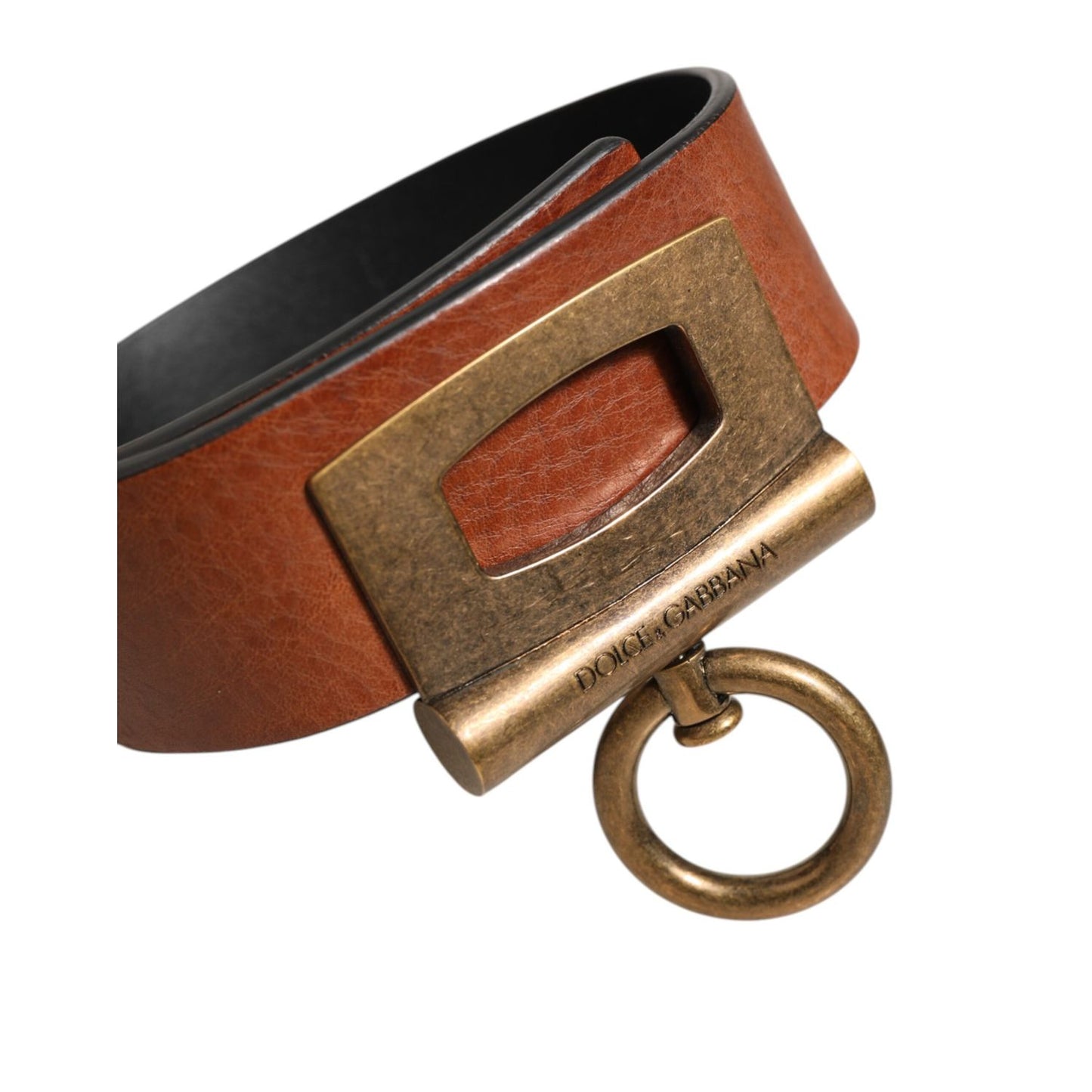 Dolce & Gabbana Brown Leather Side Rings Brass Buckle Belt with antique brass-tone buckle and distinctive side rings.