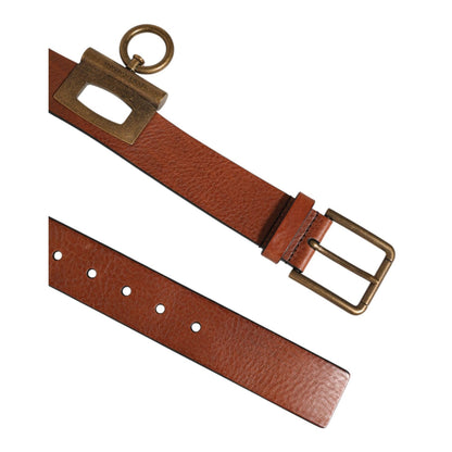 Dolce & Gabbana Brown Leather Side Rings Brass Buckle Belt with gold-tone hardware and distinctive side ring detail