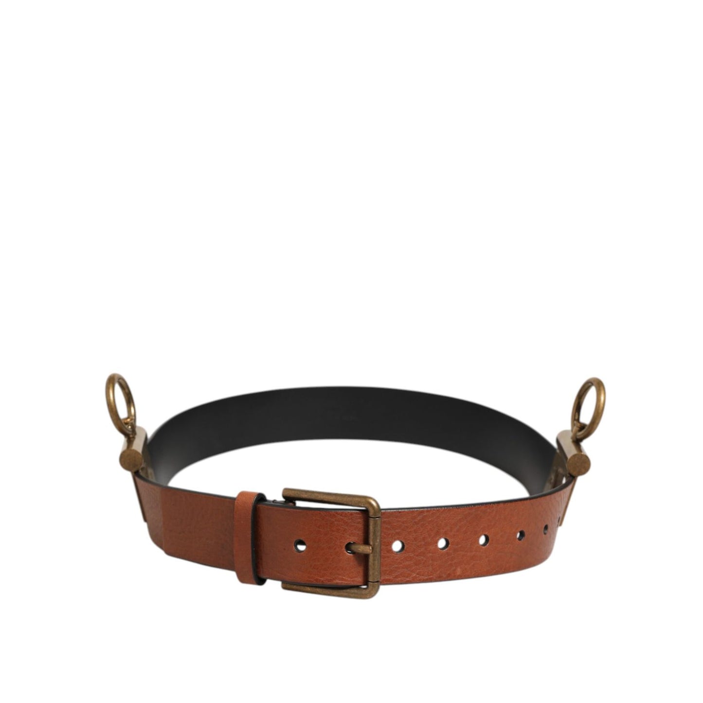 Dolce & Gabbana Brown Leather Side Rings Brass Buckle Belt with gold-tone hardware, made in Italy