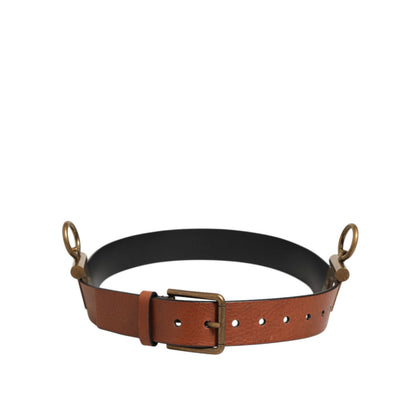 Dolce & Gabbana Brown Leather Side Rings Brass Buckle Belt with gold-tone hardware, made in Italy