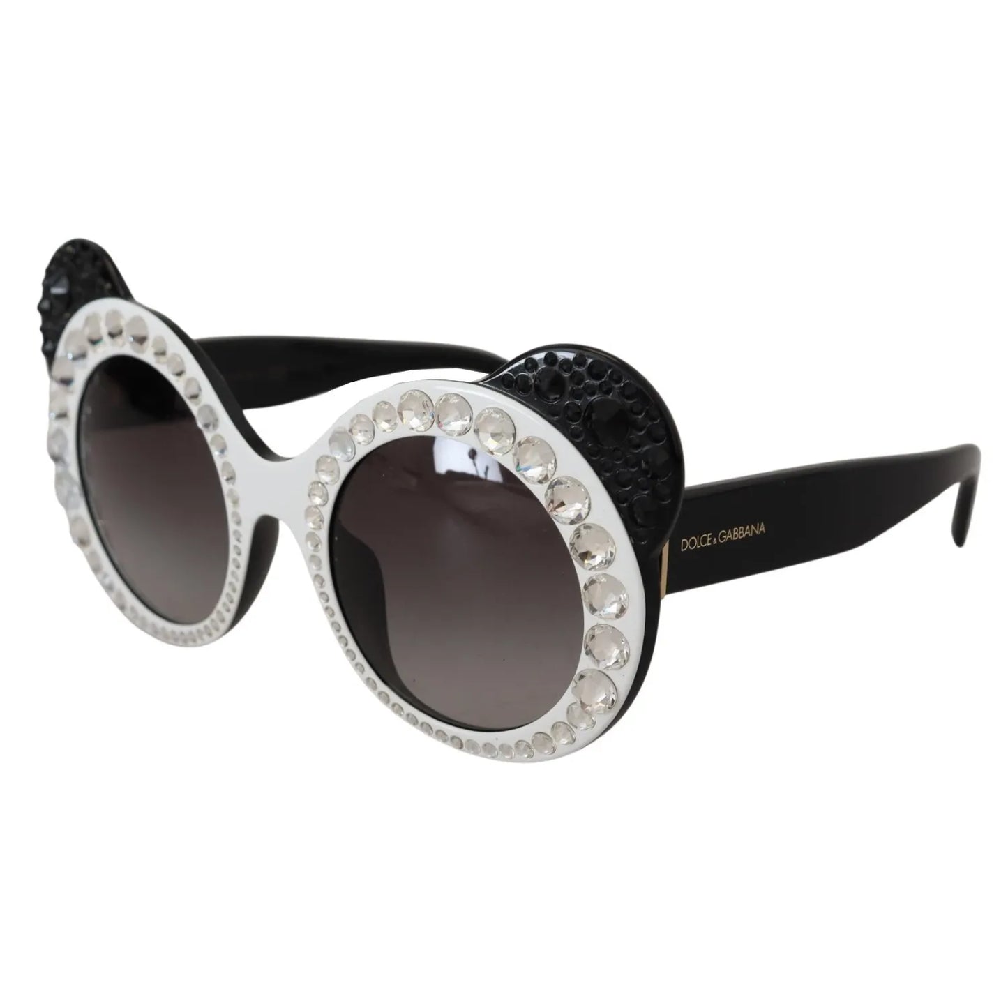Dolce & Gabbana DG4325BM White Black Acetate Crystal Shades Sunglasses with gray lenses and embellishments, women's fashion accessory.