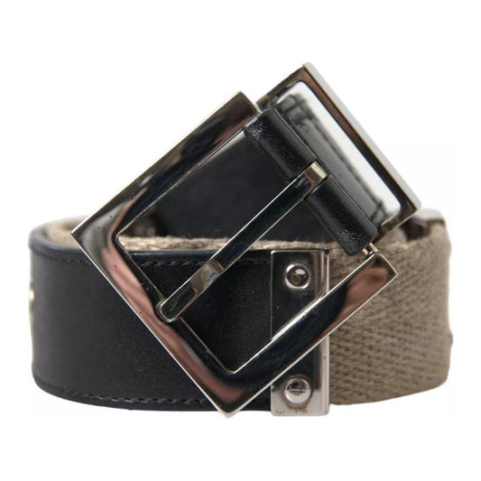 Dolce & Gabbana Black Leather Beige Strap Silver Metal Buckle Belt BEL9096-65