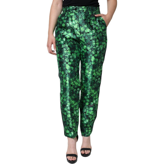 Dolce & Gabbana Green Clover Silk Satin High Waist Tapered Pants PAN74671-44