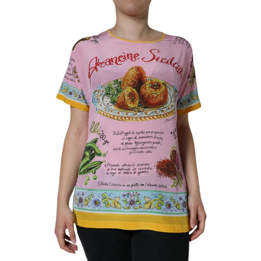 Dolce & Gabbana Pink Silk Araneine Siciliana Print Short Sleeves Top TSH86559-40