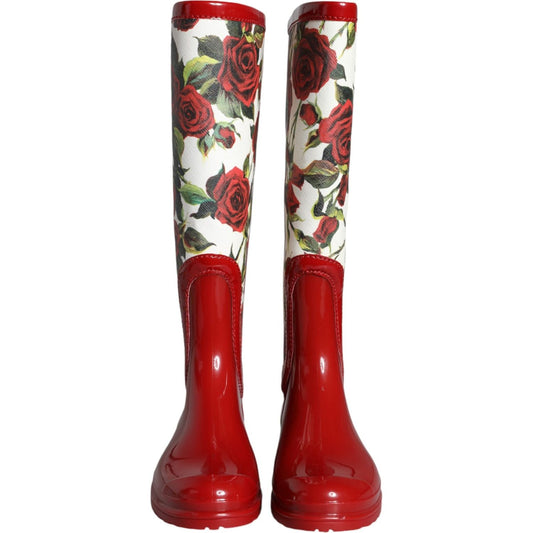 Dolce & Gabbana Red Floral Rubber Knee High Flat Boots Shoes LA11531-36