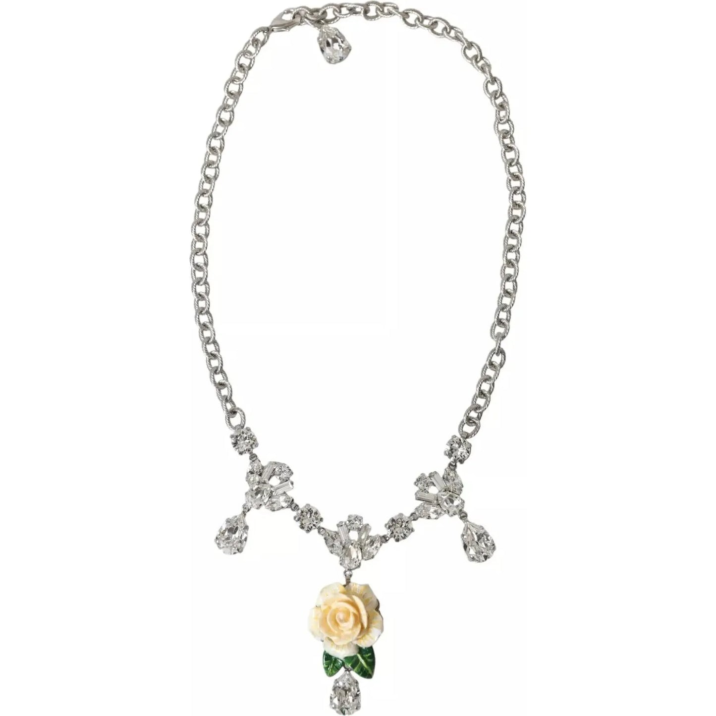Dolce & Gabbana Silver Brass Clear Crystal Roses Pendants Necklace SMY101217