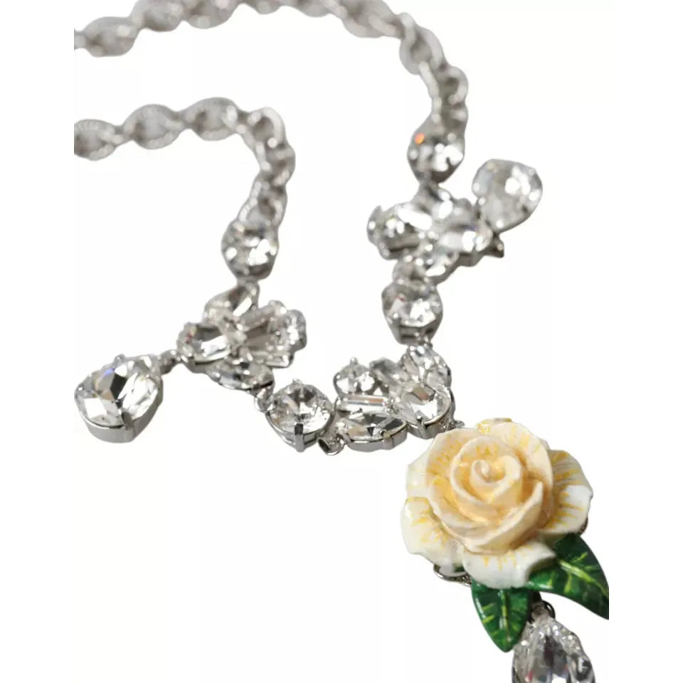 Dolce & Gabbana Silver Brass Clear Crystal Roses Pendants Necklace SMY101217