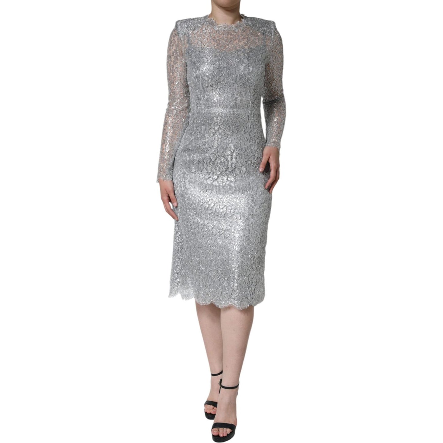 Dolce & Gabbana Silver Floral Lace Bodycon Sheath Midi Dress DR281259-40