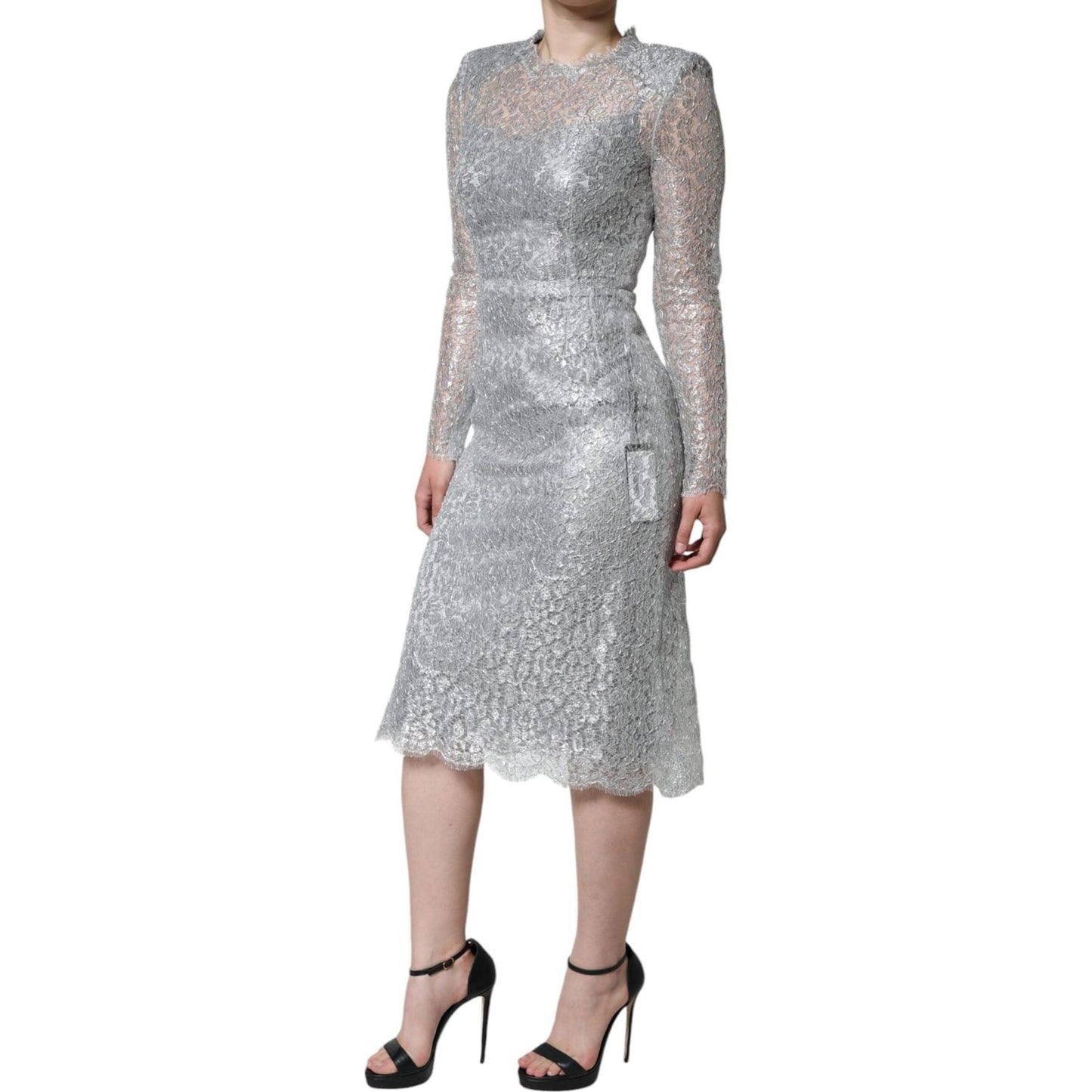 Dolce & Gabbana Silver Floral Lace Bodycon Sheath Midi Dress DR281259-40