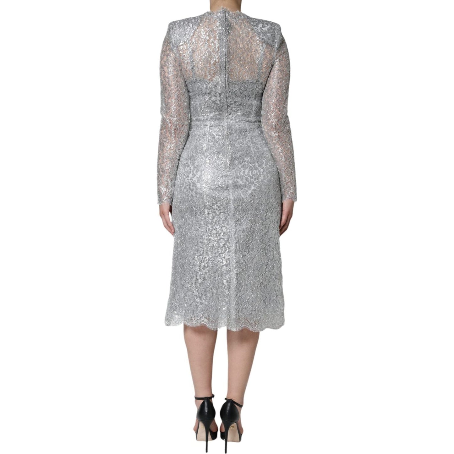 Dolce & Gabbana Silver Floral Lace Bodycon Sheath Midi Dress DR281259-40