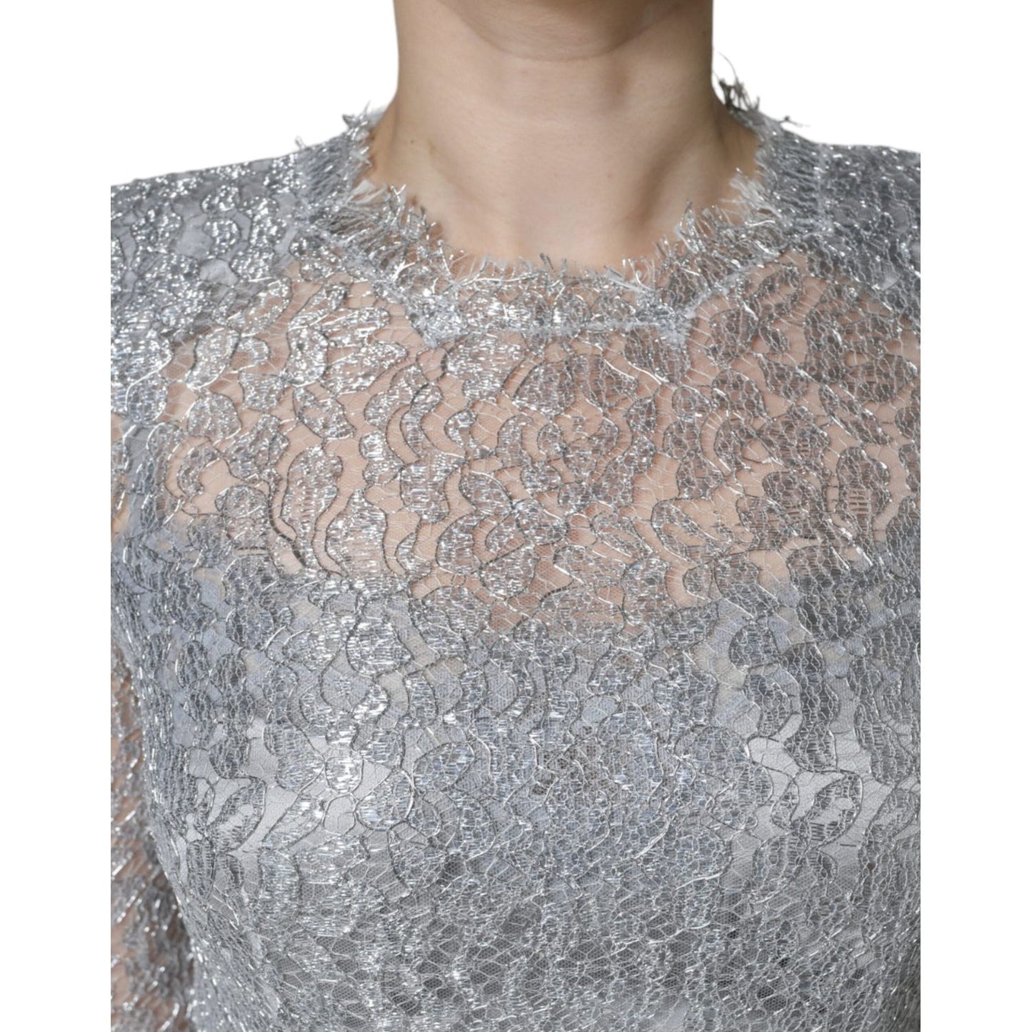 Dolce & Gabbana Silver Floral Lace Bodycon Sheath Midi Dress DR281259-40
