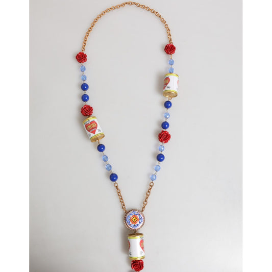Dolce & Gabbana Gold Multicolor Amore Heart Can Beads Rose Pendant Necklace with tomato can beads and red rose accents.