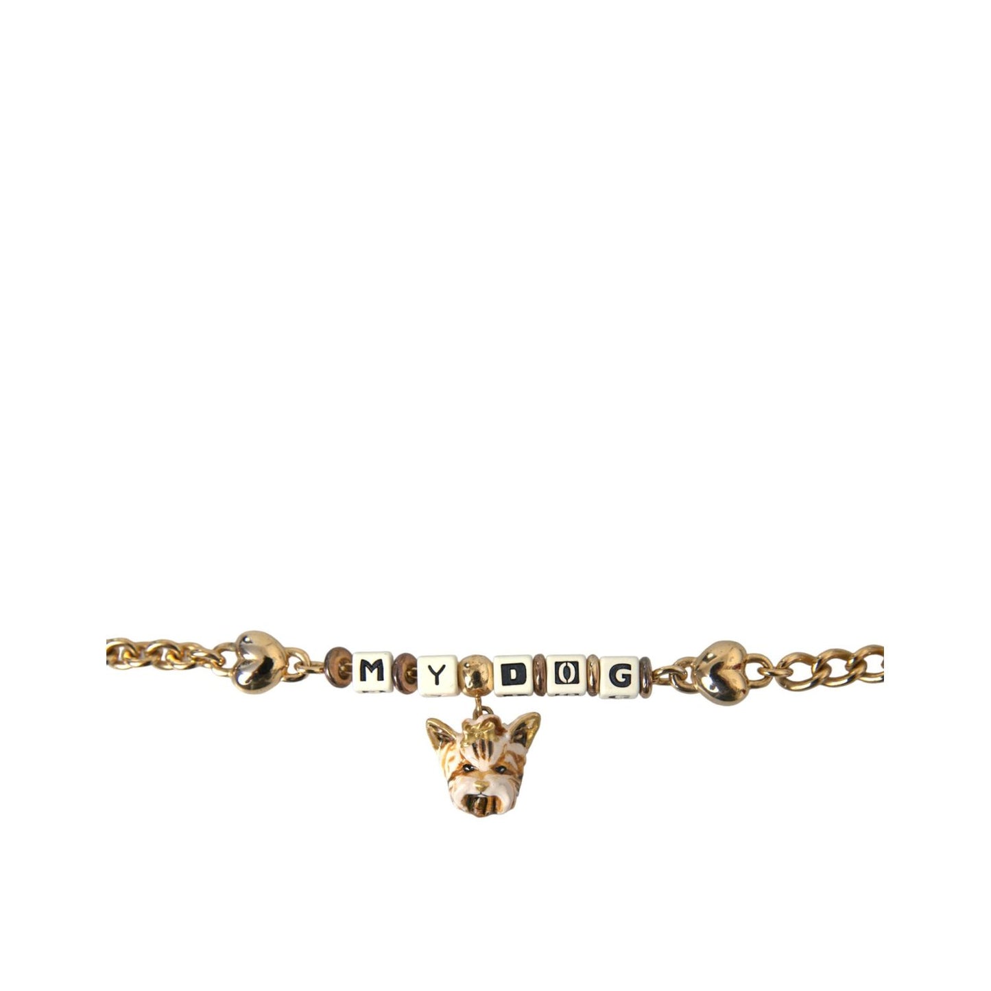 Dolce & Gabbana Gold Tone Brass Chain MY DOG Heart Bracelet with dog face charm, gold and multicolored details, women's jewelry.