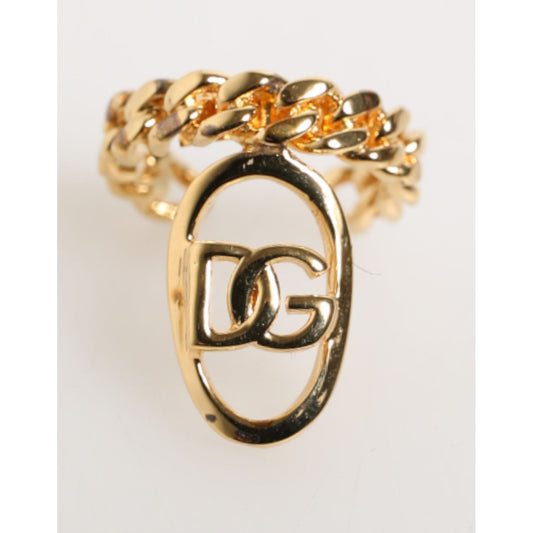 Dolce & Gabbana Gold Tone Brass Oval DG Logo Chain Adjustable Ring featuring iconic logo in elegant frame with chunky curb chain style.