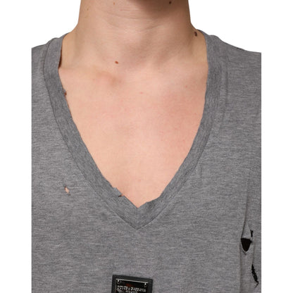 Dolce & Gabbana Gray Cotton Tattered Logo Patch Men T-shirt