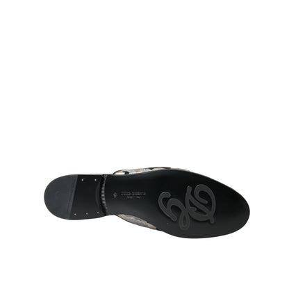 Dolce & Gabbana Gray Jacquard Crystal Mule Flat Sandals Shoes
