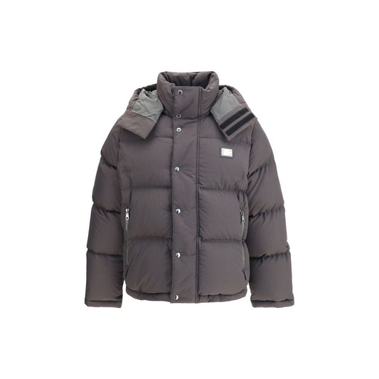Dolce & Gabbana Gray Padded Down Jacket Polyester Coat with high collar, zipper, and snap closure, featuring removable hood and logo plaque.
