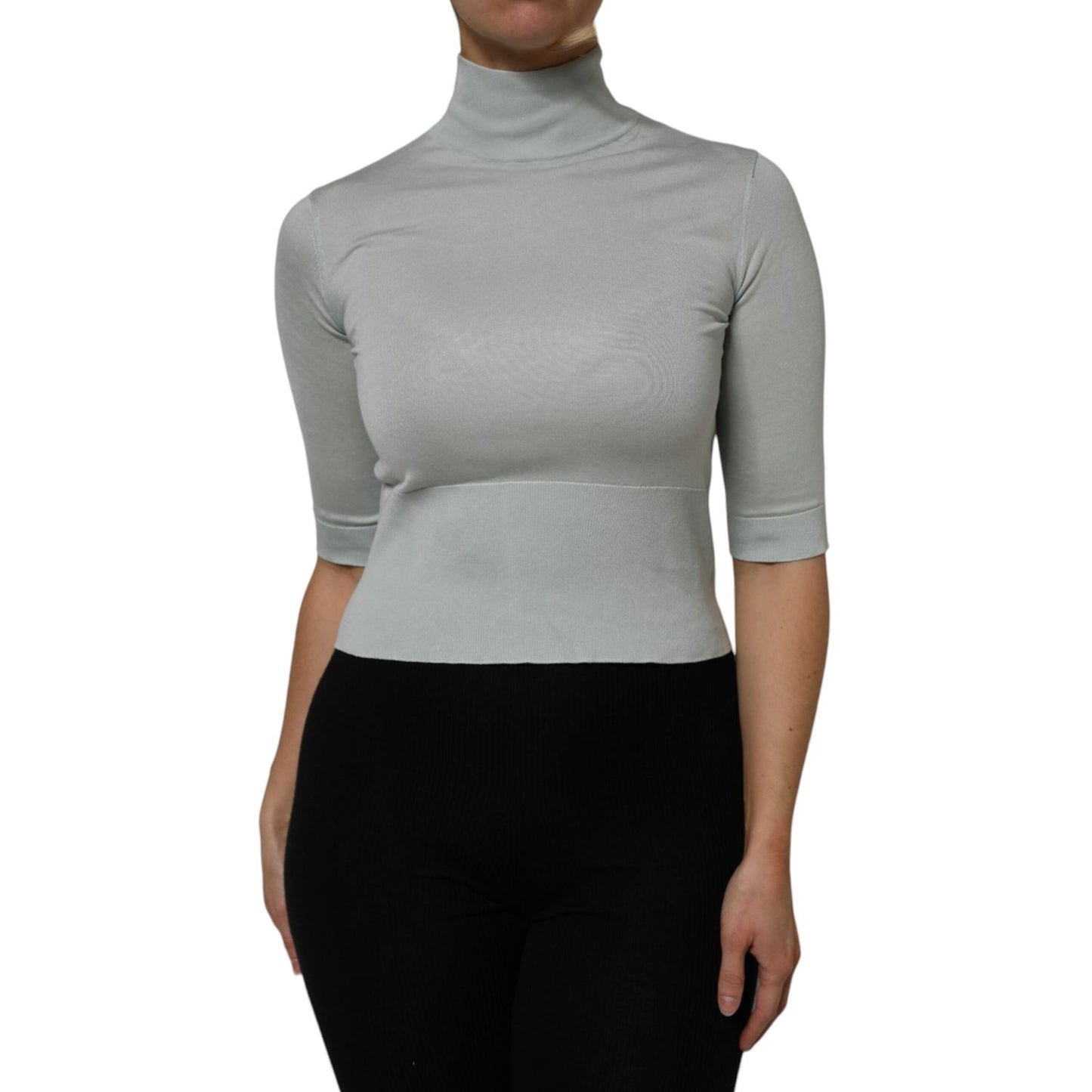 Dolce & Gabbana Gray Turtle Neck 3/4 Sleeves Pullover Top, elegant silk blend, showcased on model.