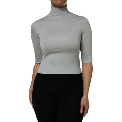 Dolce & Gabbana Gray Turtle Neck 3/4 Sleeves Pullover Top, elegant silk blend, showcased on model.