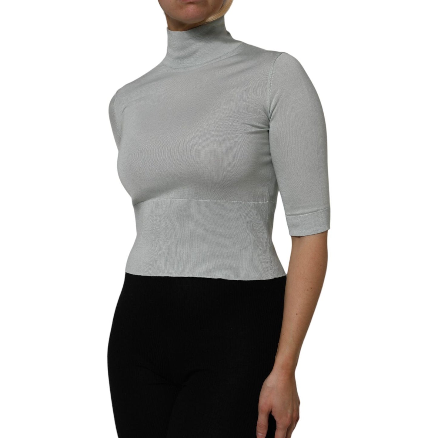 Dolce & Gabbana Gray Turtle Neck 3/4 Sleeves Pullover Top, 100% silk, classic turtleneck design, perfect for layering or solo wear.