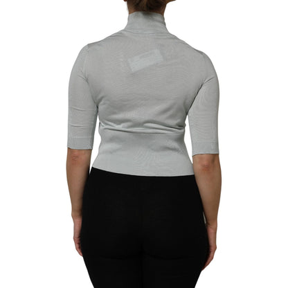 Back view of Dolce & Gabbana Gray Turtle Neck 3/4 Sleeves Pullover Top in soft gray silk, turtleneck design, and streamlined silhouette.