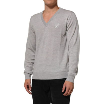 Dolce & Gabbana Gray Wool Knit Logo V-Neck Pullover Sweater