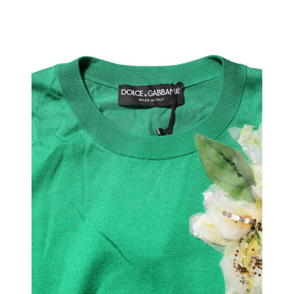 Dolce & Gabbana Green Floral Detailing Silk Pullover Sweater