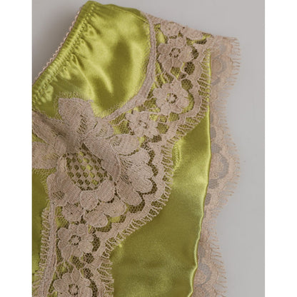 Dolce & Gabbana Green Silk Satin Floral Lace Trim Panty Underwear close-up showcasing delicate floral lace trim.