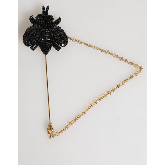 Dolce & Gabbana Lapel Pin Gold Brass Black Crystal Bee Accessories Brooch SMY11198