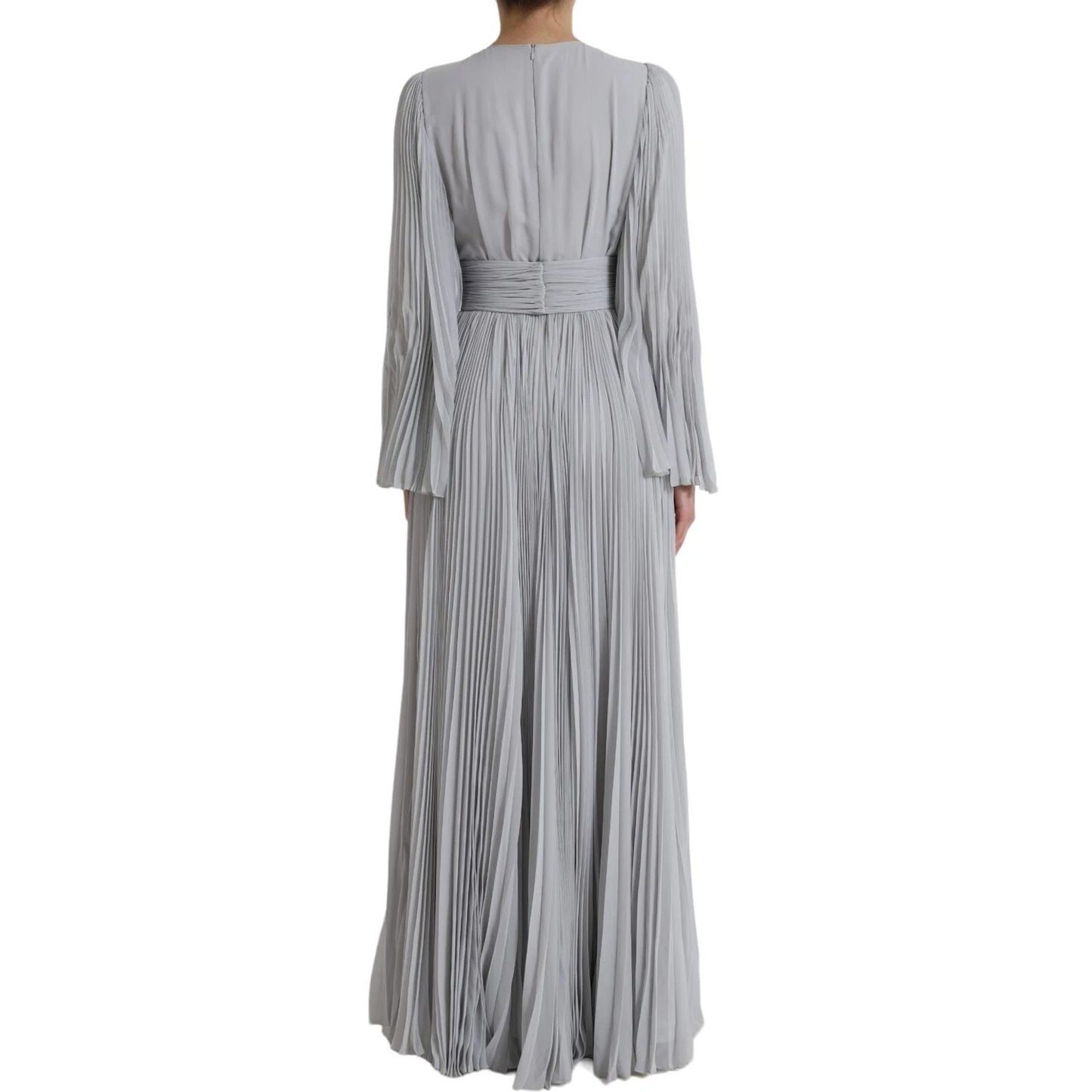 Dolce & Gabbana Light Grey Polyester Pleated Long Maxi Dress back view with minor sleeve stain